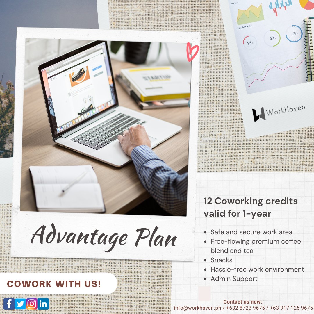 workhavenph's tweet photo. Take advantage of this plan and get 12 coworking credits valid for 1-year. Cowork with us now and enjoy what WorkHaven has to offer.
Visit https://t.co/GdQiOJYxra to know more.
#workhavenph #Ortigas #safespace #coworkingspace #meetingroom #officespace #office #advantageplan https://t.co/MkBU2GPoxL