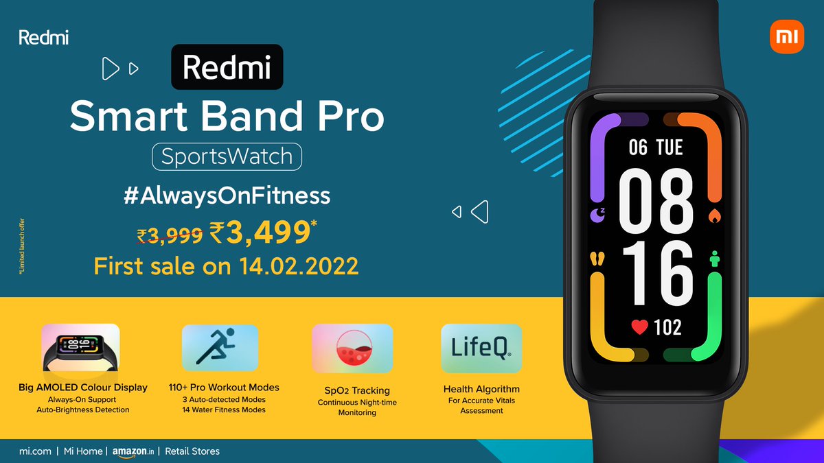 RedmiIndia's tweet photo. The #RedmiSmartBandPro #SportsWatch is a powerhouse meant to keep you #AlwaysOnFitness. 💪

Count on us to bring you the best, at the best prices! 🪙

The #RedmiSmartBandPro will be yours to own from 14.02.2022, at only ₹3499 (limited period offer).

📹 https://t.co/Bf1NKSSeHM https://t.co/SwhMY6rf7u