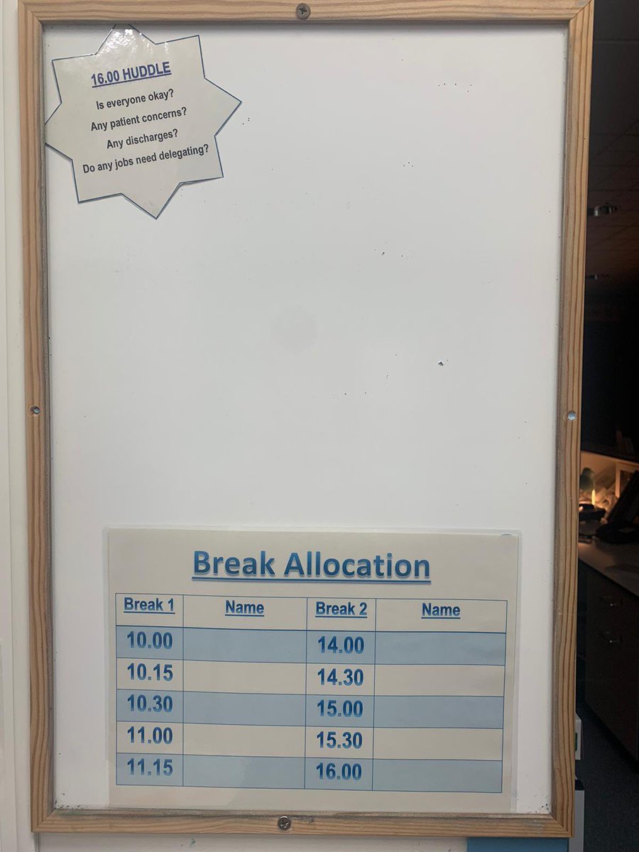 Organisation is key to smooth running shifts! This will help us ensure all staff have breaks☕️ We also have some prompts for our 1600 huddle, this allows us to work as a team and support each other with any outstanding tasks✅👏🏻