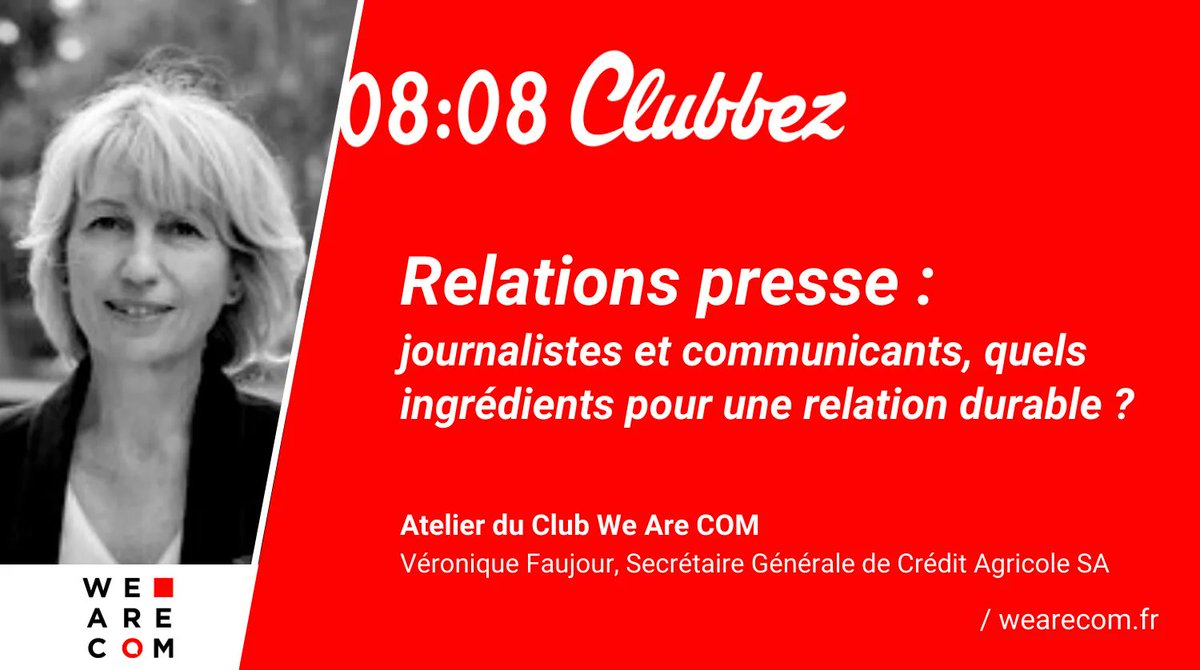 📅 Save the date : 16/02/21. Le prochain atelier du #ClubWeAreCOM aura pour thème les #RP. <a href="/vfaujour/">Véronique Faujour</a>, Secrétaire Générale de <a href="/CreditAgricole/">Crédit Agricole</a> SA, nous confiera ses bonnes pratiques pour une relation optimale entre journalistes et communicants. 🙏 buff.ly/34u8Dh3