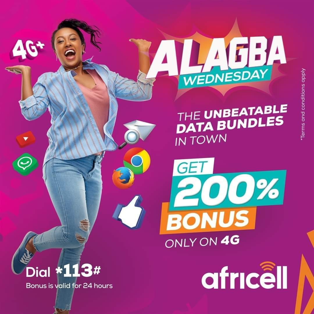 AfricellSalone's tweet photo. It's Alagba Wednesday ❗

Get 200% Bonus 🎁whenever you subscribe to any of our 4G Data Bundles👌🏾.

Dial *113# &amp; follow the instructions 📲.

Terms &amp; Conditions Apply 🙏🏾.

#AlagbaNetwork
#AlagbaWednesday
#AfricellSL https://t.co/Q2s6c865Eq