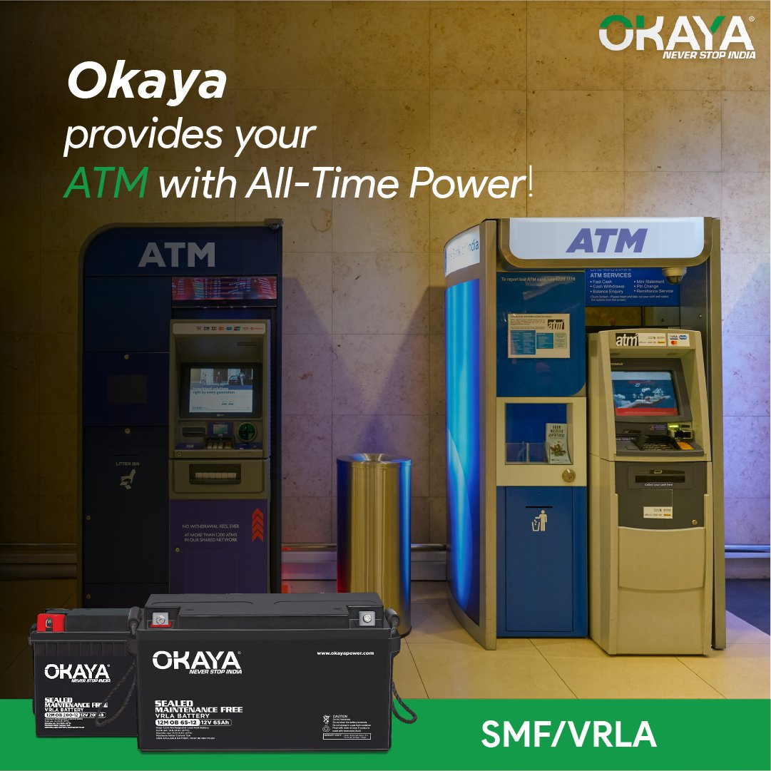 OkayaPowerGroup's tweet photo. Did you know?! Your local ATM is powered by an Okaya SMF/VRLA battery, which allows you to easily conduct transactions, even when the city's electricity is off.
#Okaya #OkayaPowerWorld #NeverStopIndia #OkayaSMF https://t.co/UGNnXdQfDI