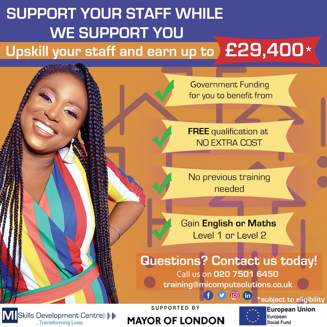 Help us support you! 

MISDC are helping companies support their employees in gaining English and Maths qualifications to help them upskill themselves!

Earn up to £29,400 depending the amount of successful achievements!

Message us for more info!
#SupportSmallBusinesses #Course