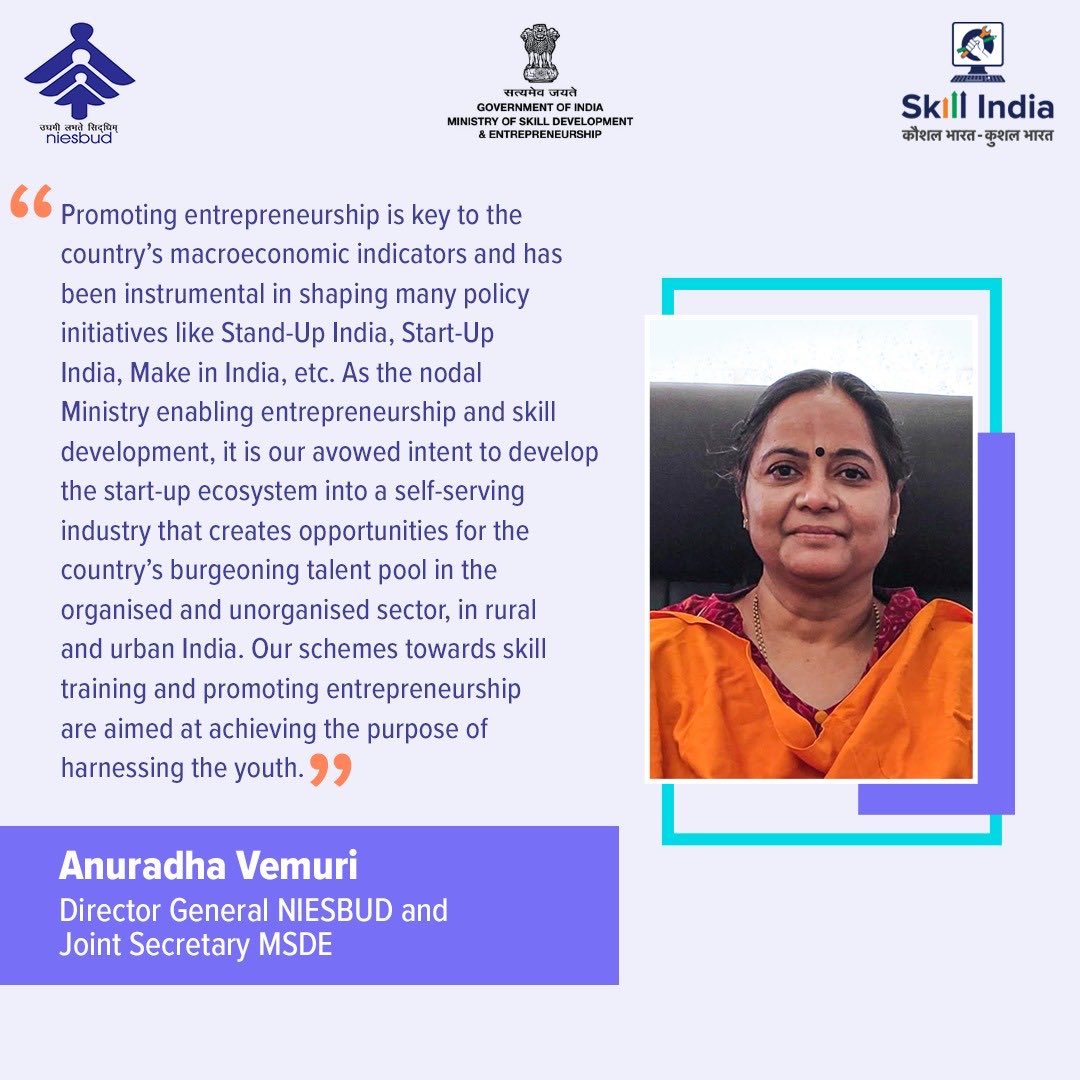 MSDESkillIndia's tweet photo. Ms. Anuradha Vemuri, Director General, NIESBUD &amp; Joint Secretary, MSDE highlighted the importance of women entrepreneurs as they play a crucial role in the country’s holistic development. She also spoke about the ministry’s plans of transforming the start-up ecosystem. https://t.co/4TSDGOXqDH