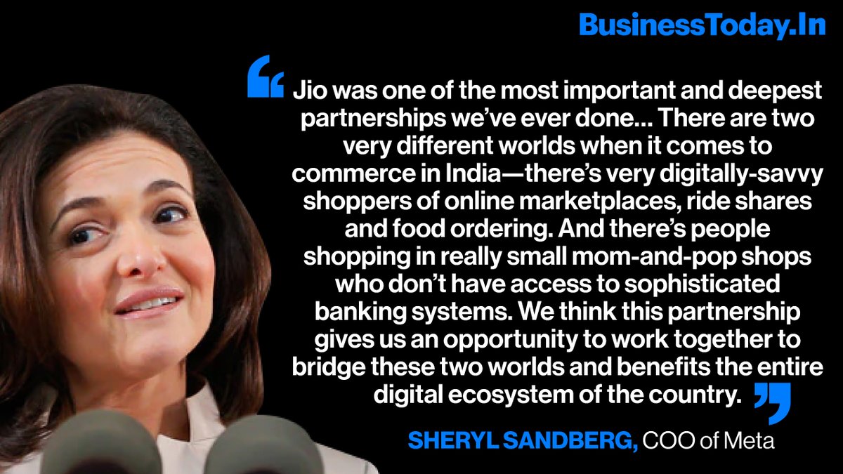 business_today's tweet photo. #BTInterview | Jio was "one of the most important partnerships" for Facebook, says @sherylsandberg. As COO of the social media giant, she believes partnering with the Mukesh Ambani-owned firm will allow FB to bridge India's digital divide. #RIL
READ: https://t.co/zCRv63nguC https://t.co/av6dXK06Tu