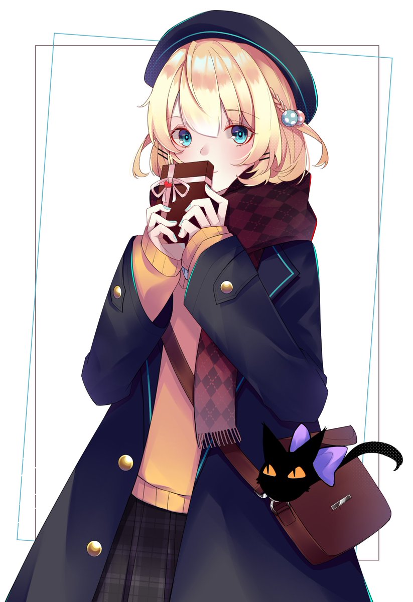 1girl scarf blonde hair hat skirt cat bag  illustration images