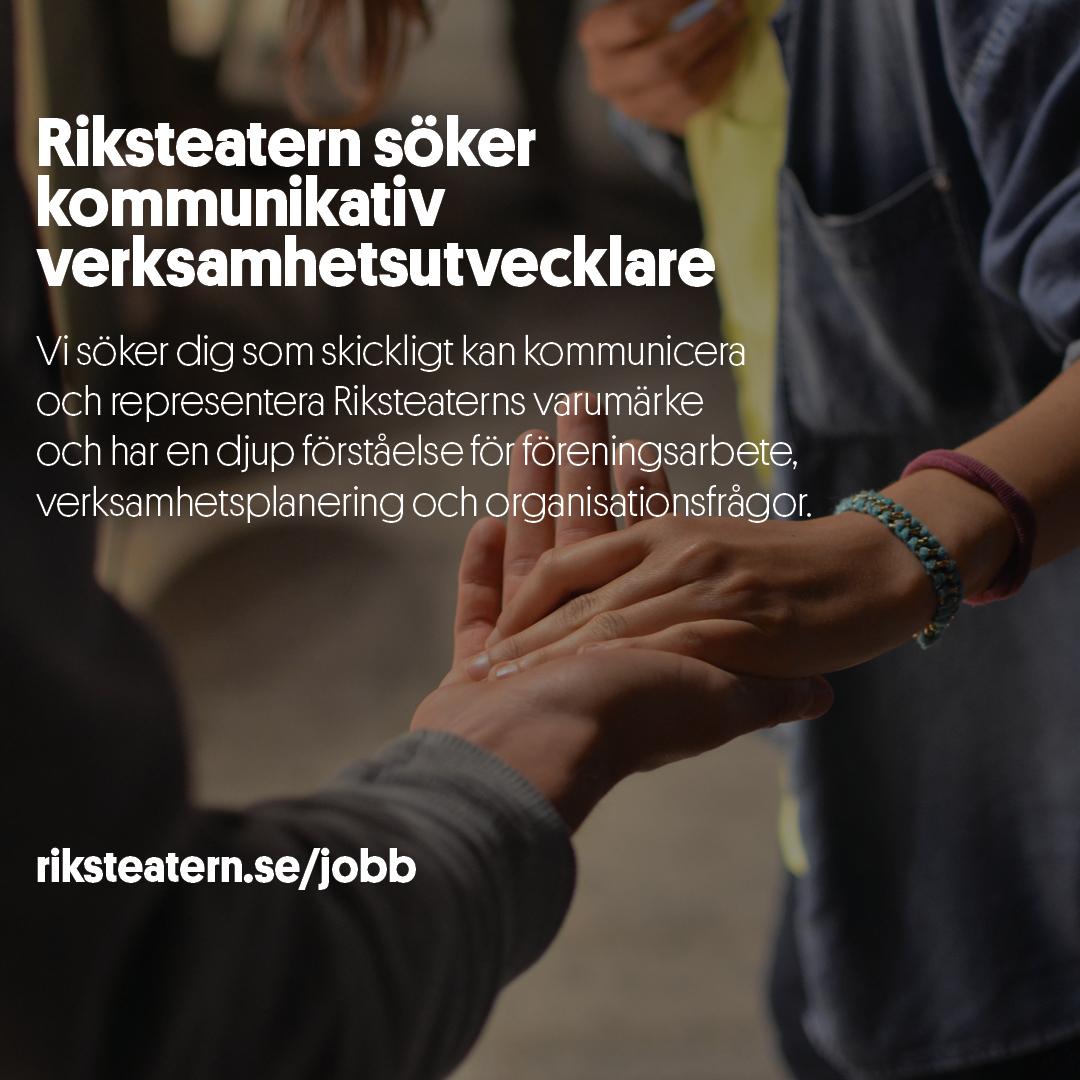 Riksteatern's tweet photo. #NYTTJOBB! Riksteatern söker #verksamhetsutvecklare som kan kommunicera, planera, utveckla och följa upp projekt och utvecklingsprocesser.
✔️Visstidsanställning på 18 månader
✔️Deadline 17 februari
https://t.co/Vl0vweOuyW
#jobb #kulturjobb #föreningsjobb #teater #riksteatern https://t.co/Vre0p6Ntu0