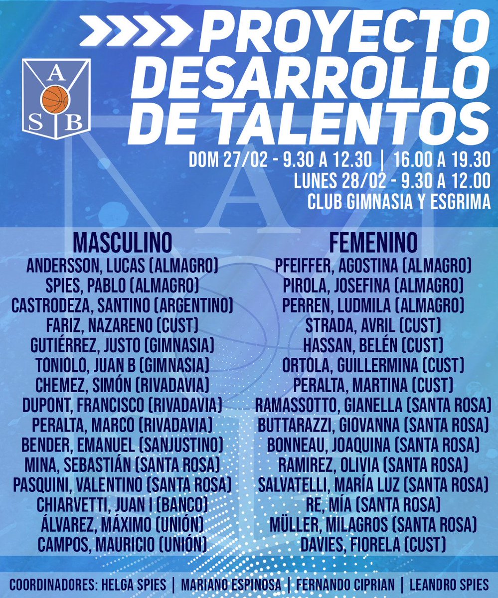 asbprensa's tweet image. #ProyectoDesarrollo 🏀

📝 El Cuerpo Técnico de Selecciones convocó a la cat. 2007 masculina y a la 2006 femenina para realizar el 1er encuentro mixto del 2022.

Coordinadores: Helga Spies, Mariano Espinosa, Fernando Ciprian y Leandro Spies.

💙❤🤍 #VamosASB
