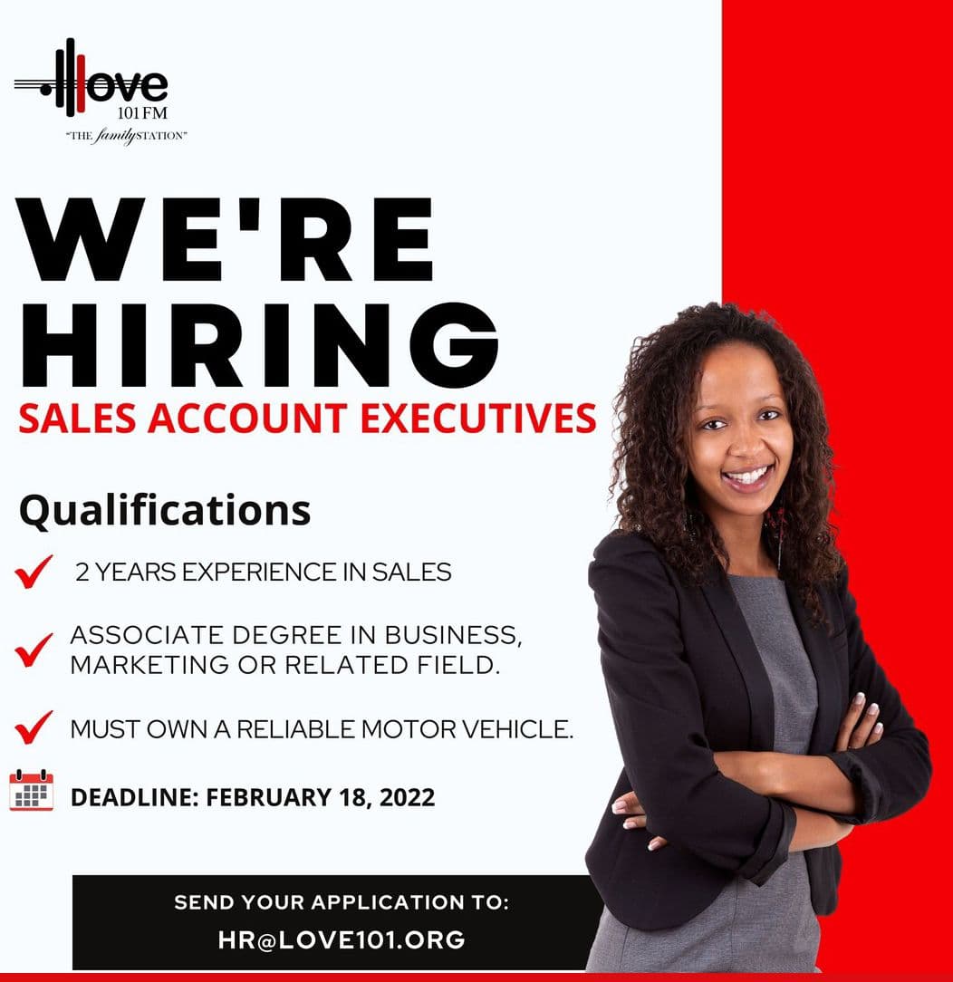 NOW HIRING talented Sales Account Executives. See post for requirements and apply by FEBRUARY 18, 2022.

💻Visit careerjamaica.com
👍 Like and share our posts to other job seekers

#careerjamaica #nowhiring #love101 #familystation #salesexecutives #salesjobs