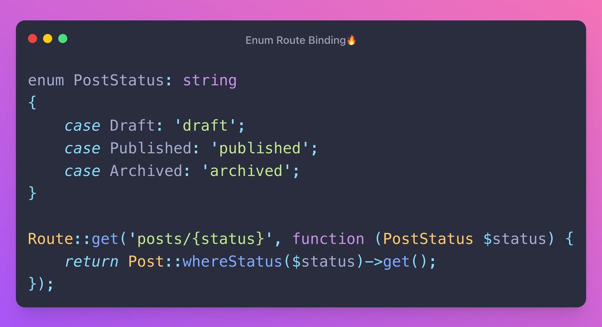 Laravel 9 can automatically bind route parameters to enums