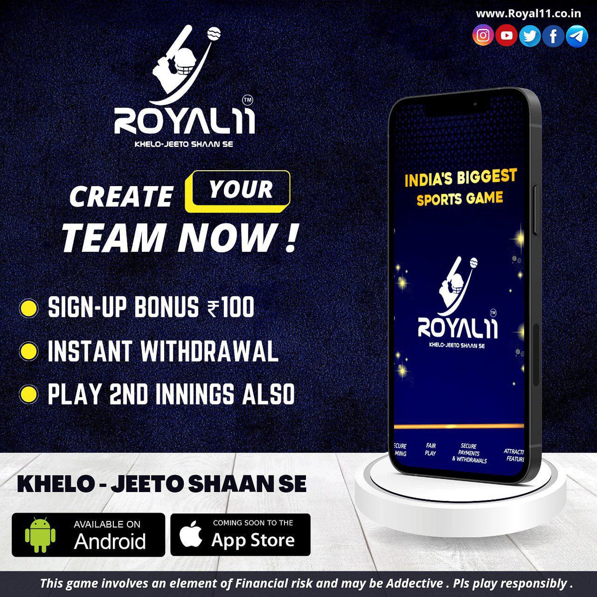 Download our app and win huge amount on Royal11 app

Create/Edit your team. Download the app now

Website - royal11.co.in

App link available in website

#Royal11 
#khelojeetoshaanse