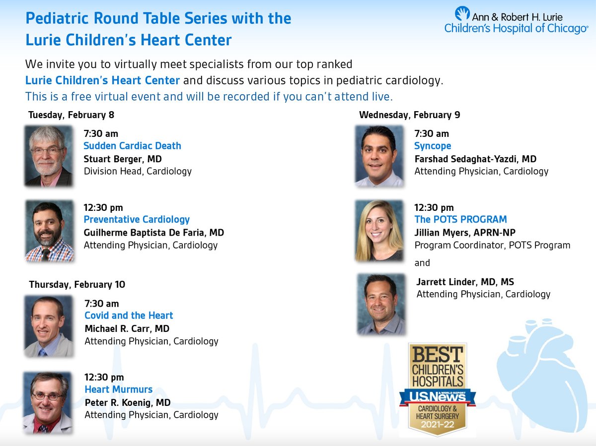 We had a great first day of our @LurieChildrens @LurieHeartCtr #cardiology round table. With Dr. Bereger on Sudden Cardiac Death and Dr. Baptista on Preventative Cardiology. You can still register for today & tomorrow here: attendee.gotowebinar.com/register/29725… #heartmonth