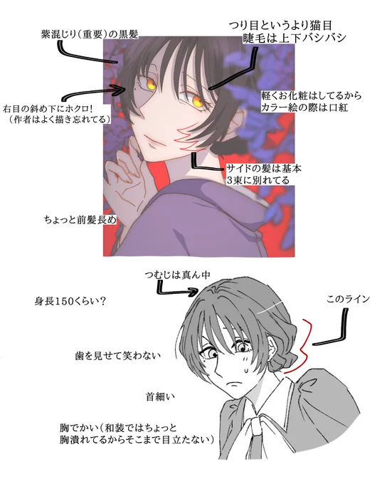 マロ→「ファンアートの件でマシュマロをしたものです 鞠子さんを描きたかったのですが鞠子さんが思ってたより難しくて…💦 描く時に気をつけている事とかありますか…?」
質問ありがとうございます!雑ですが一応気を付けてる?感じのことまとめてみました! 