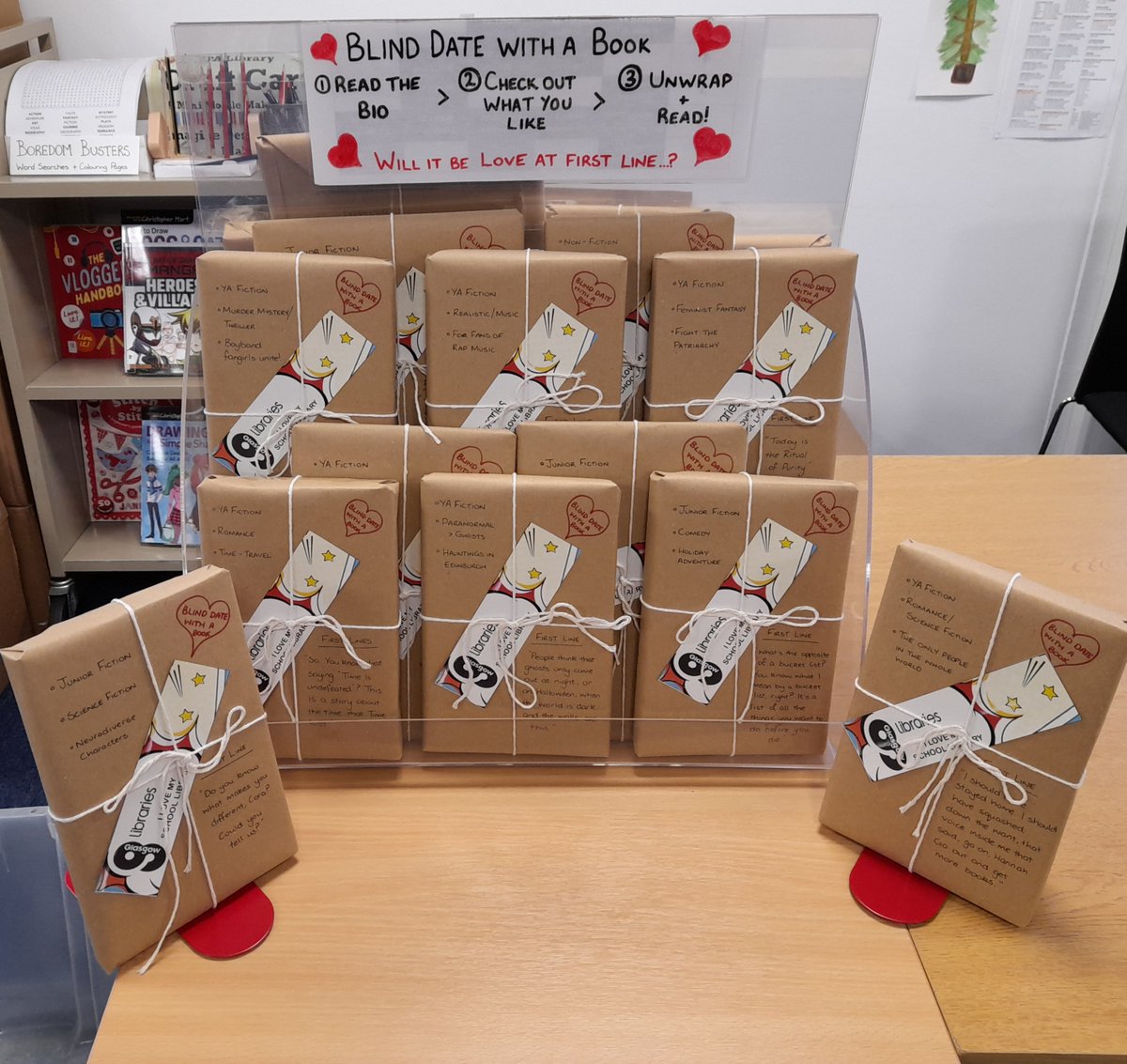 JPaulLibrary's tweet photo. Celebrate #ValentinesDay this year with a Blind Date with a Book! Come check out the display or find our blind-date books hidden on the shelves! A free bookmark with every blind date! #BlindDateWithABook #BlindDate #LoveAtFirstLine #SchoolLibrary https://t.co/uGdFiCCi1y