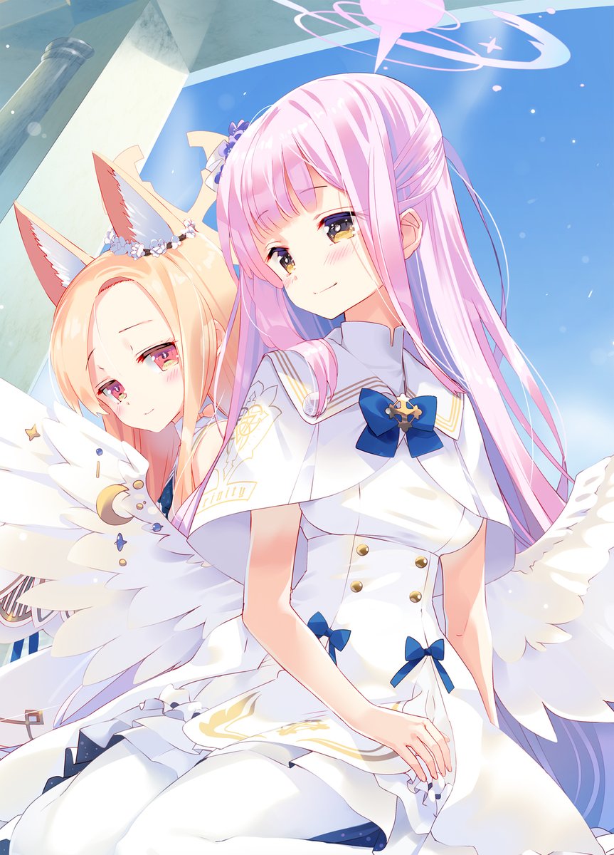 mika (blue archive) multiple girls 2girls halo animal ears pink hair wings dress  illustration images