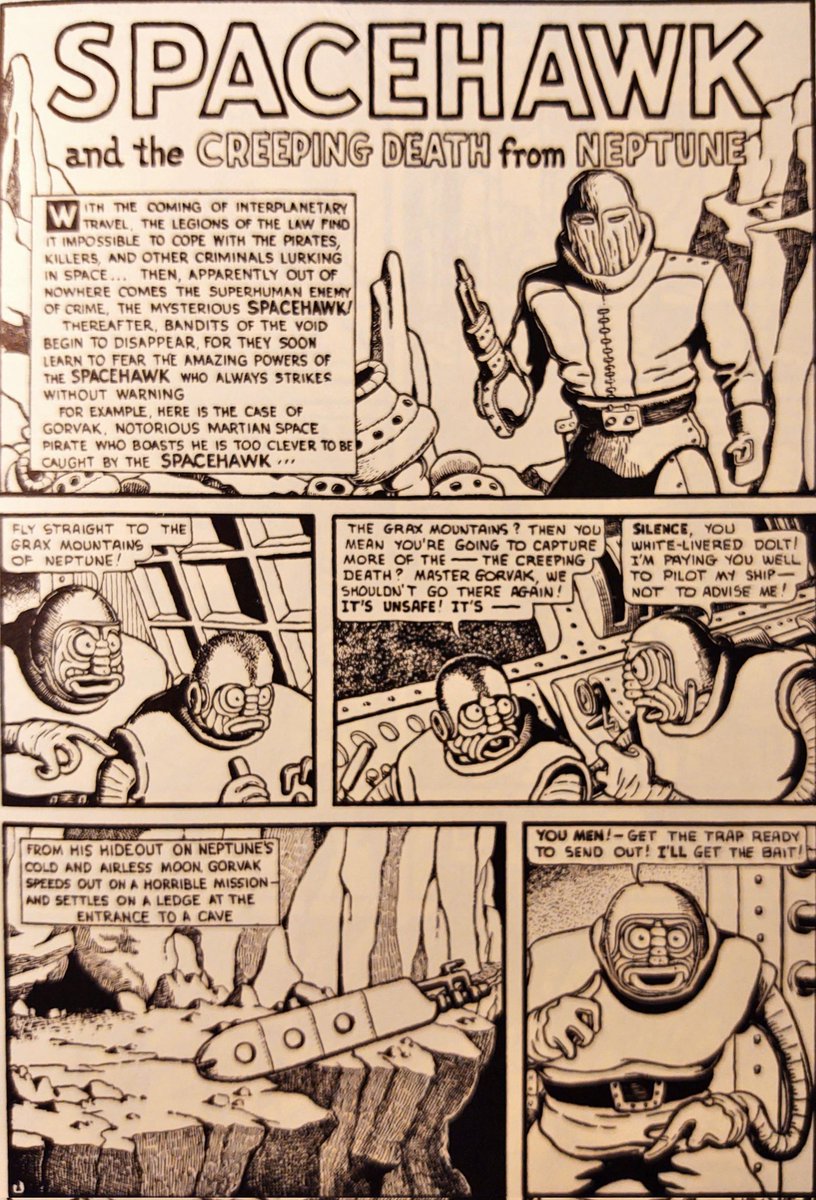 Drew90888211's tweet photo. This 1978 collection of Basil Wolverton's Spacehawk was too cheap to pass. I love Wolverton's style, especially his bizarre aliens. Spacehawk doles out swift justice to alien tyrants, miscreants, monsters, mutants, troglodytes &amp; Nazis. Very satisfying #basilwolverton #spacehawk https://t.co/ohH7ANxB7G