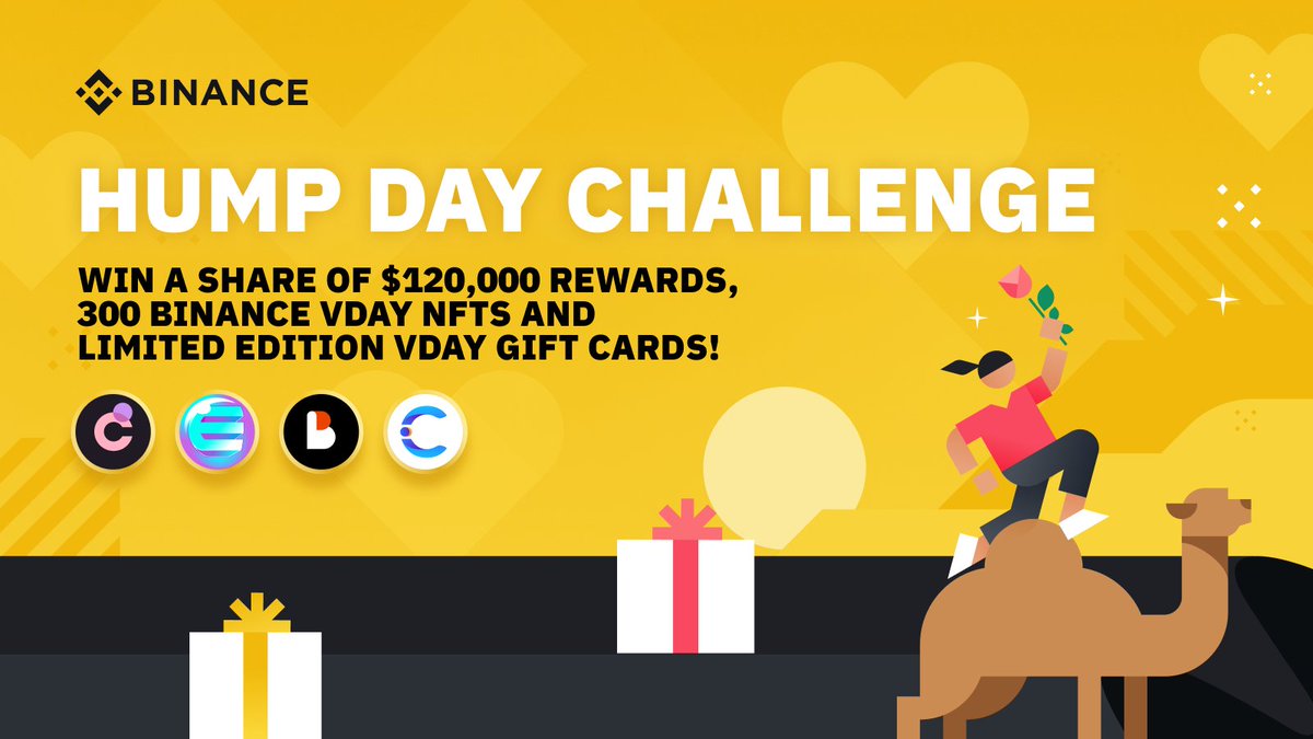 Hey, Chromians!👋

Join <a href="/binance/">Binance</a> Hump Day Challenge - Valentines Day Edition❣️

Win a share of⬇️

 ✅ $120,000 in rewards
 ✅ 300 #Binance VDay NFTs
 ✅ Limited edition Gift Cards for your loved ones

Learn more and participate ⬇️
binance.com/en/support/ann…