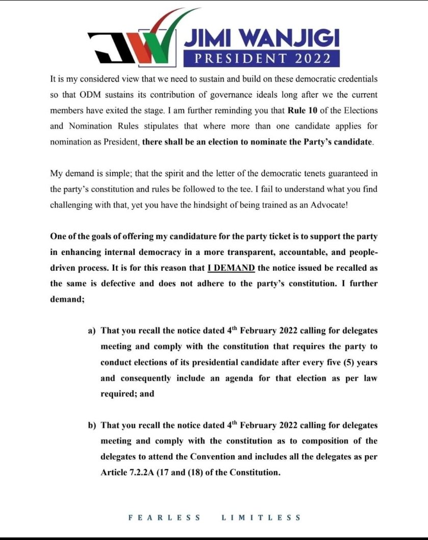 OleItumbi's tweet photo. Jimi Wanjigi has written to ODM, demanding that they exercise DEMOCRACY.

The effect of the letter copied to the Registrar is that the much publicised NDC on 25th &amp; 26th Feb.Could now be POSTPONED

@JimiWanjigi argues that the NOTICE issued for the NDC is DEFECTIVE

Interesting https://t.co/5tq2yEc2fG