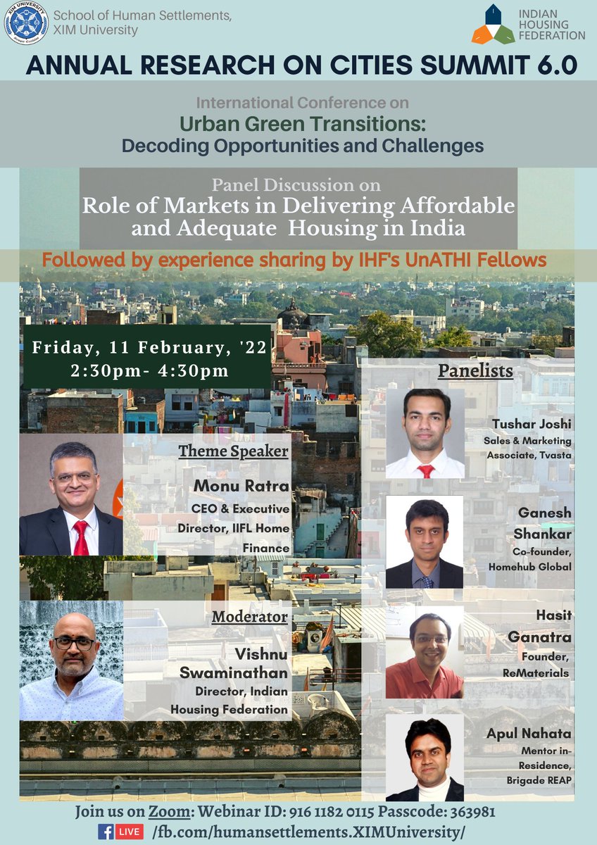 HousingFed_IN's tweet photo. Webinar Alert!
#IHFatARCS6

@HousingFed_IN is organising a panel discussion on 'Role of #Markets in Delivering Affordable and Adequate #Housing in India’ on Friday, February 11, 2022 at 2:30-4:30 PM for ARCS 6.0 by @xim_university

Join: https://t.co/ghPdSCx71N

Details below! https://t.co/VluV2HiVX4