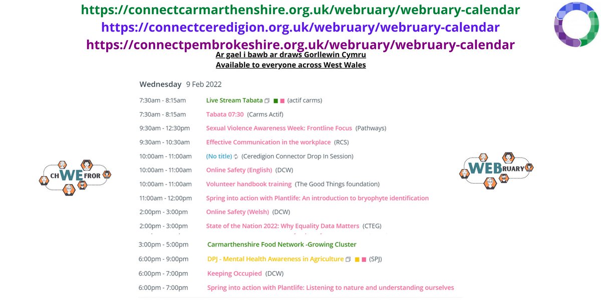 Un bore mercher a mae chWEfror yn llawn dop o ddigwyddiadau dyma eich calendr am heddiw. Ymunwch a ni i ddysgu, gwrando a joio!! #chWEfror
Another Wednesday morning and the WEBruary calendar is filled with events once again today. Join in to learn,listen and enjoy!! #WEBruary