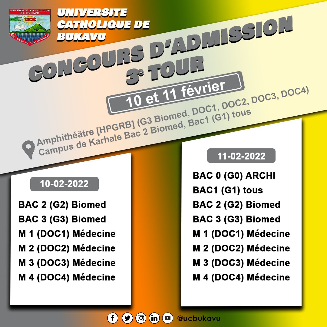 ucbukavu's tweet photo. Les informations sur le 3ème tour du test d’admission comprenant l’horaire et les matières sur lesquelles portera le concours sont disponibles sur notre site web.
Si vous souhaitez passer le test en ligne, renseignez vos e-mails via https://t.co/nkoTotvHEc
#ucbukavu #intake2022 https://t.co/4UvADU4wJb