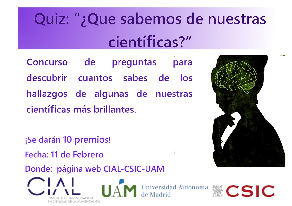 🚨Desde el CIAL queremos celebrar el día de la niña y la mujer de la ciencia haciendo el Concurso online:  ¿Qué sabemos de nuestras científicas?👩‍🔬

📅Fecha: #11F 

👀¡Echadle un vistazo a las pistas de estos días antes del concurso!                 👇
📍cial.uam-csic.es/ciencia-socied…