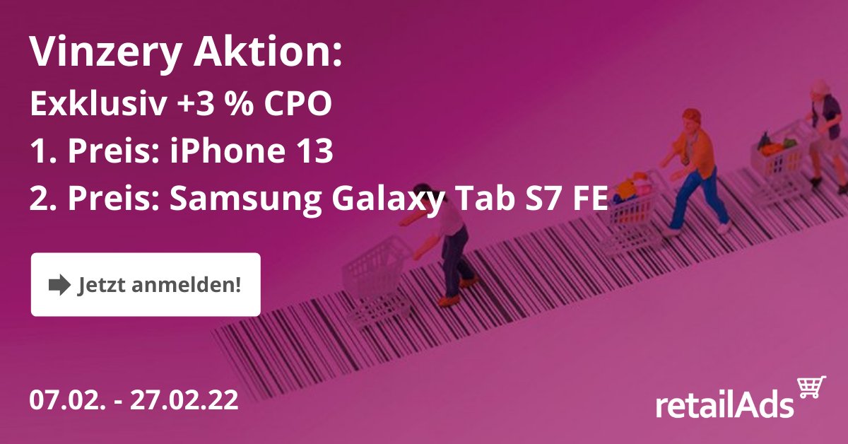 📣 Aufgepasst: Sales #Rallye &amp; #Provisionserhöhung bei #VINZERY!
Es erwarten dich tolle #Preise &amp; eine +3% CPO-Erhöhung im Zeitraum vom 07.02. - 27.02.22 für fast alle Publisher. Alle Informationen zur Anmeldung &amp; den Teilnahmebedingungen findest du unter: bit.ly/3oAhhSq