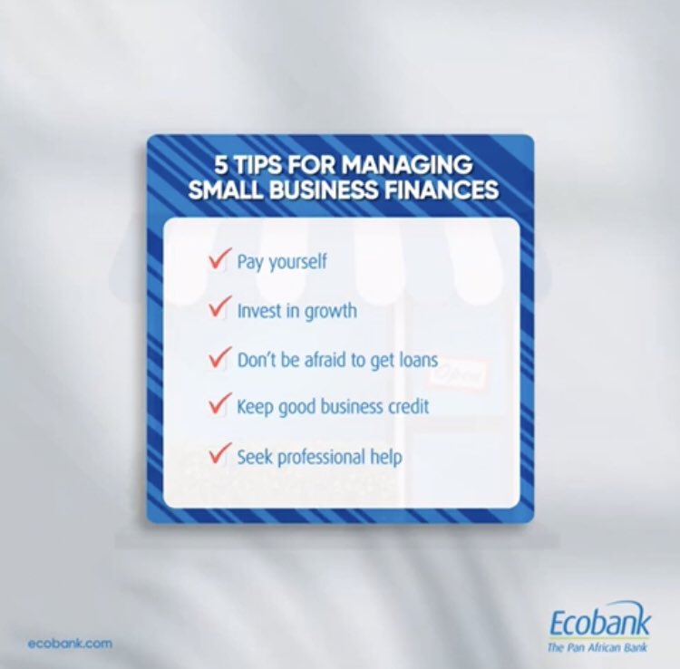 ecobank_nigeria's tweet photo. Are you a small business owner looking to expand your frontiers?
Here are some tips to help you master how to handle your cash flow and make your small business the next big thing.
#EcobankOn
#SmartBusinessTips
#EcobankFinance101 https://t.co/CJoLtfdH4U