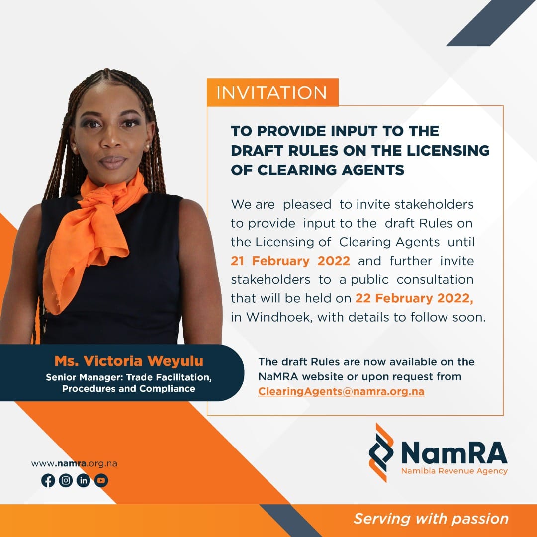NamRA_org_na's tweet photo. To the Clearing Agents and interested parties, click on the link to get the draft rules, https://t.co/jgT4cXW09R and provide your comments.
#namra
#namibiatrade
#customs
#ClearingAgent https://t.co/fhbaEszXoy
