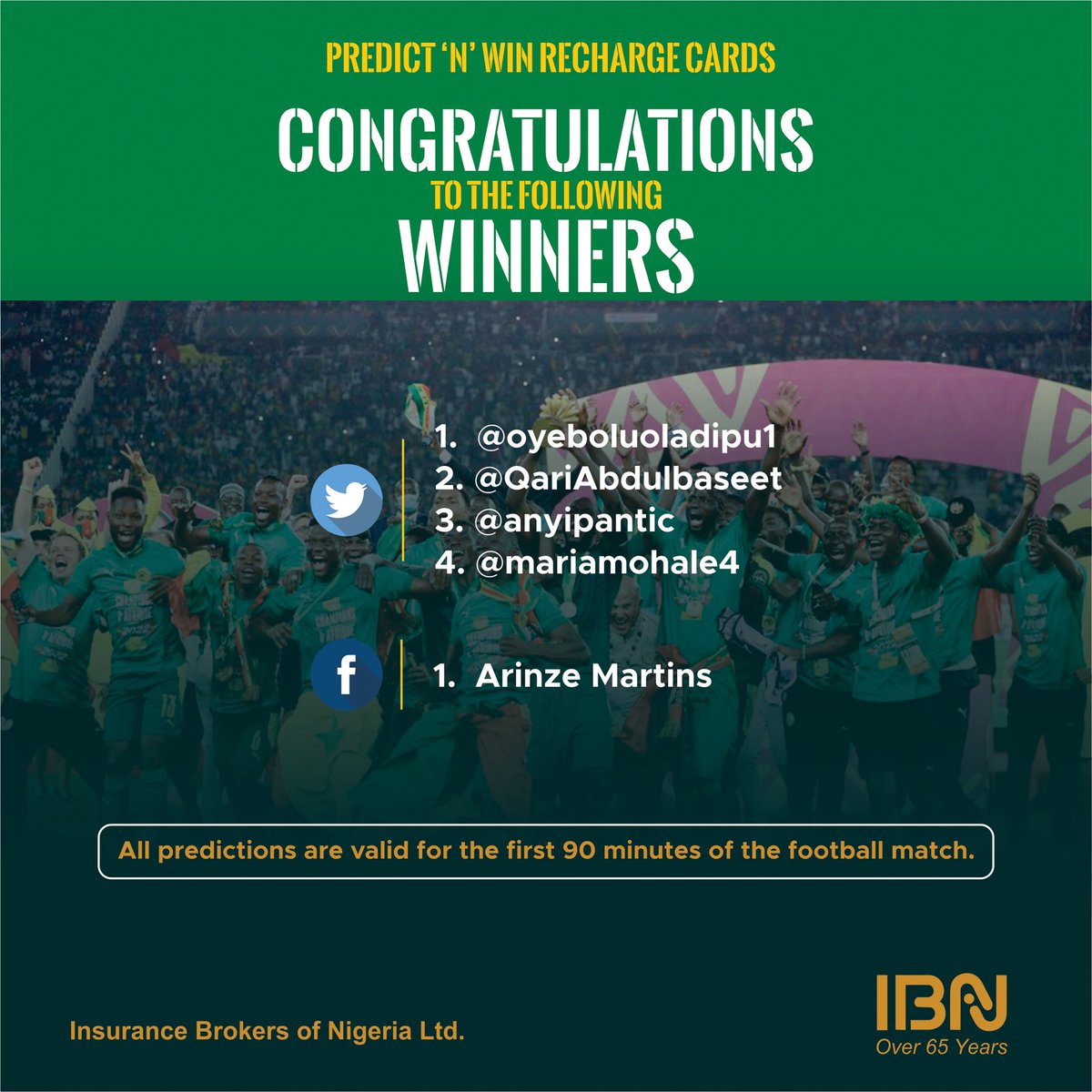 ibn_limited's tweet photo. Congratulations to 

@OYEBOLUOLADIPU1 
@QariAbdulbaseet 
@ANYIPANTIC 
@MariaMohale4 

Winners of our #AFCON2021 predict and win challenge.

Please send a DM to claim your price. #IBNLimited https://t.co/GXcP87Zr22