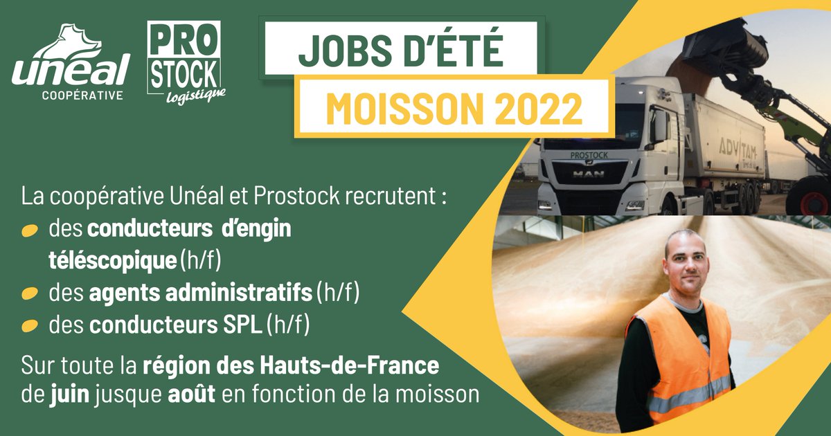 [EMPLOI SAISONNIER MOISSON] 👷 Unéal &amp; Prostock recrutent : conducteurs de télescopiques, agents administratifs et chauffeurs pour la moisson dans le 59, 62, 80 ! Consultez les offres sur notre site advitam-career.talent-soft.com/accueil.aspx... et postulez  auprès de l’un de nos silos !