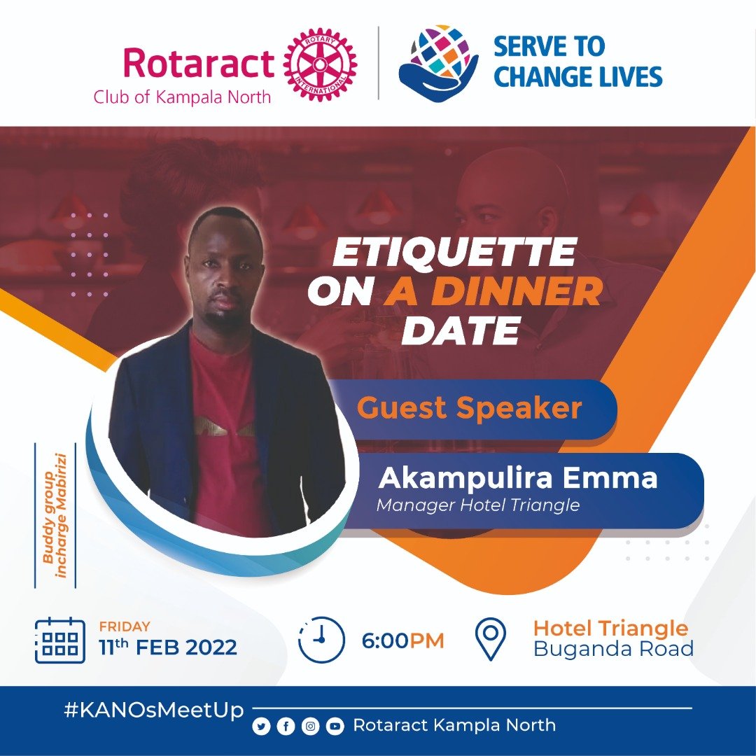 kanosug's tweet photo. Dinner dates have always been a popular way for couples to spend some time together in a social environment.
Join us as we enlighten more about etiquette on a dinner date this Friday 11th Feb 2022 at Hotel Triangle Buganda RD at 6pm
Buddy group incharge - Mabirizi🥳
#KANOsMeetUp https://t.co/Dbbj4ANwBb