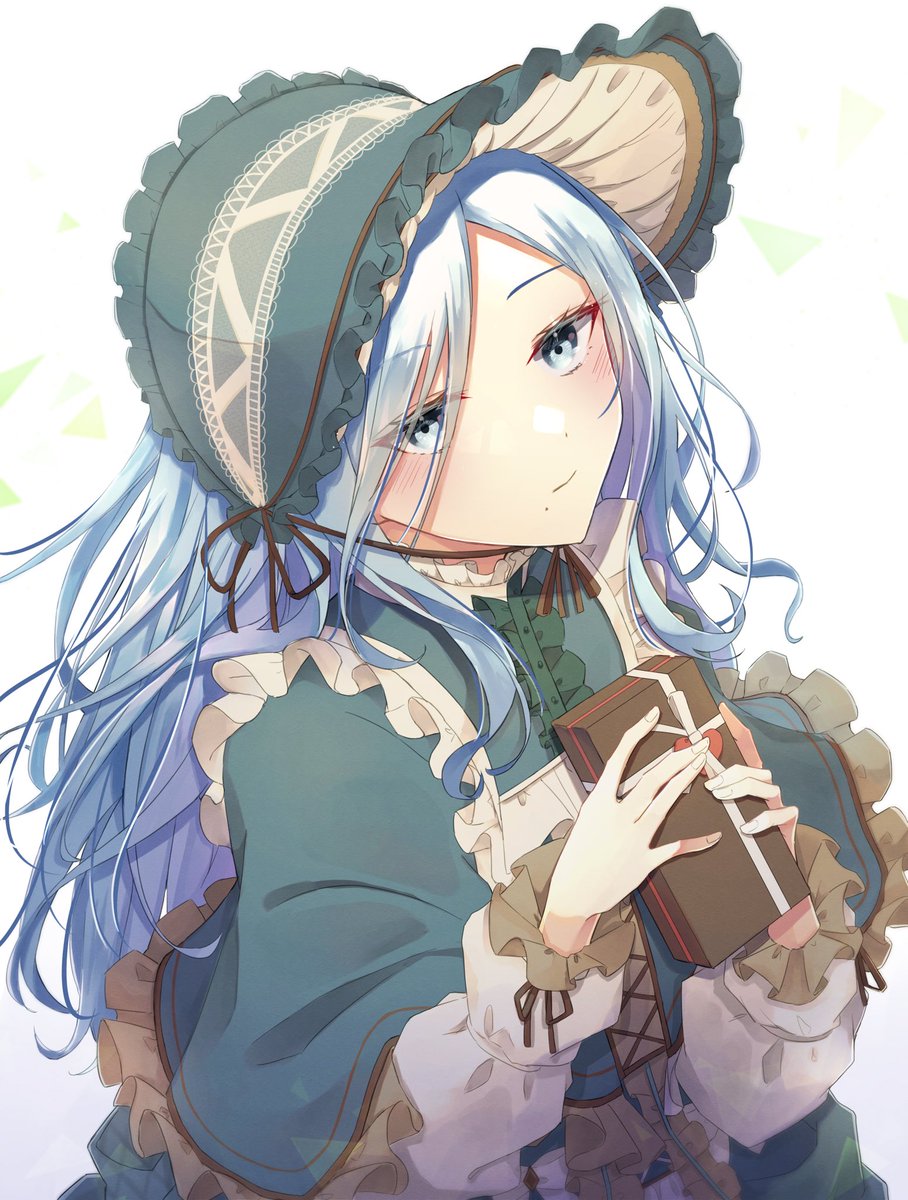 1girl solo mole under mouth blue hair frills long hair holding  illustration images