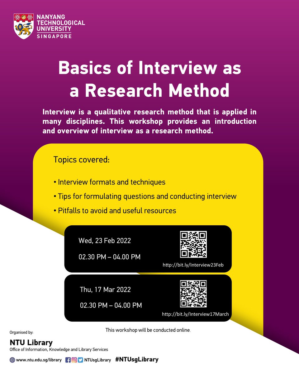 NTUsgLibrary's tweet image. [👩‍💻Online workshop] Basics of Interview as a Research Method

This workshop provides an introduction and overview of interview as a research 📑method.

Register:
bit.ly/Interview23Feb
bit.ly/Interview17Mar…

#Interviewresearch
#researchmethod
#NTUsgLibrary