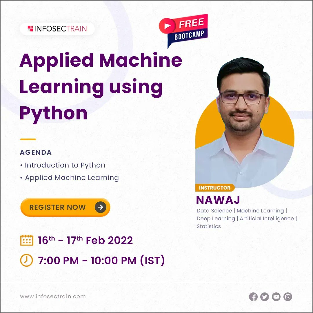 Infosec_Train's tweet photo. #Live_Event
Free webinar on Applied Machine Learning using Python
Date: 16th to 17th Feb (Wed & Thu), 07.00 -10.00 PM (IST)
Register now: https://t.co/TzYisXcIdN
Email: webinar@infosectrain.com
#machinelearning #datascience #deeplearning #python #learntorise #infosectrain https://t.co/019U3Yv6tr