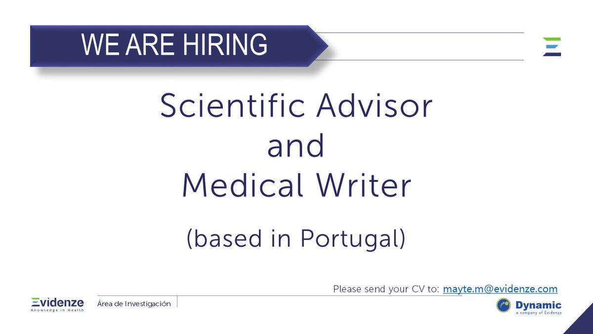 Dynamic (@dynasolutions) on Twitter photo WE ARE HIRING! We are looking for a profile of Medical Writer in Portugal
Please send your CV to: mayte.m@evidenze.com
Job offert details:
dynasolutions.com/publicaciones/…
#Jobs #SomosDynamic#MedicalWriter WE ARE HIRING! We are looking for a profile of Medical Writer in Portugal
Please send your CV to: mayte.m@evidenze.com
Job offert details:
dynasolutions.com/publicaciones/…
#Jobs #SomosDynamic#MedicalWriter