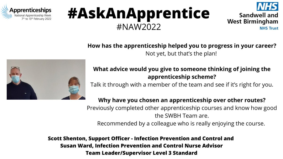 Cont'd #AskAnApprentice are 2 colleagues who are both completing the Team Leader/Supervisor Level 3 #Apprenticeship! Scott &amp; Susan work in Infection Control, check out their answers below 👇! 💙🤩🌟#NAW2022 #BuildTheFuture <a href="/SWBHnhs/">SWB NHS Trust</a> <a href="/AmazingAppsUK/">Amazing Apprenticeships</a> <a href="/Apprenticeships/">Apprenticeships</a> #swbfamily
