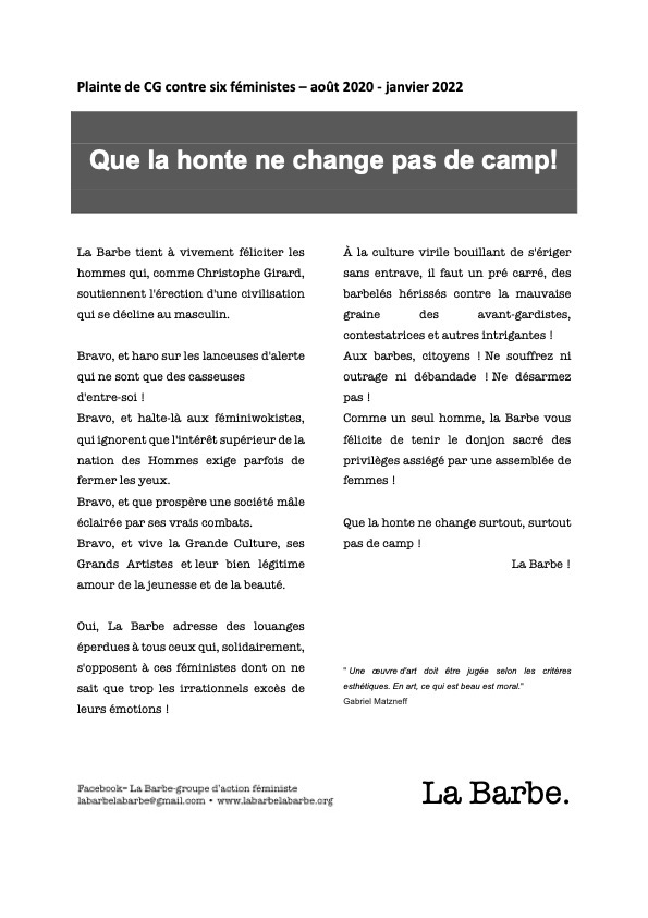 6 féministes dont 2 barbues  mises en examen pour diffamation.
Par le poil de le Barbe ça nous gratouille.
#BravoauPatriarcat