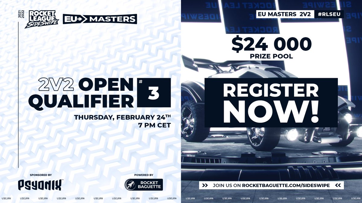 RocketBaguette's tweet photo. π’ The #RLSideswipe EU 2v2 Masters continue!
Two teams will qualify for the $12,000 EU 2v2 Masters tomorrow #RLSEU
β° Registrations are open until 6:30 pm CET tomorrow.
Complete info: https://t.co/kPyTN1l3S2 https://t.co/0OvTPEuRa0