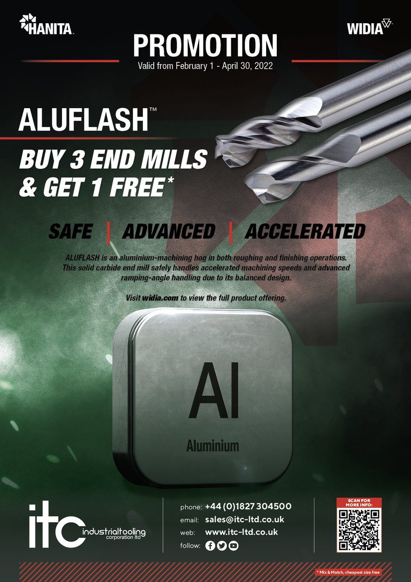 itc_tooling's tweet photo. The offers just keep on coming this week! Check out the new WIDIA Aluflash range, perfect for all your #Aluminium machining needs. Promotion valid until the end of April so get in touch to get your hands on them! #WIDIA #UKeng #UKmfg #Milling #Roughing #Finishing #Offer https://t.co/2RZFyV0Ka3