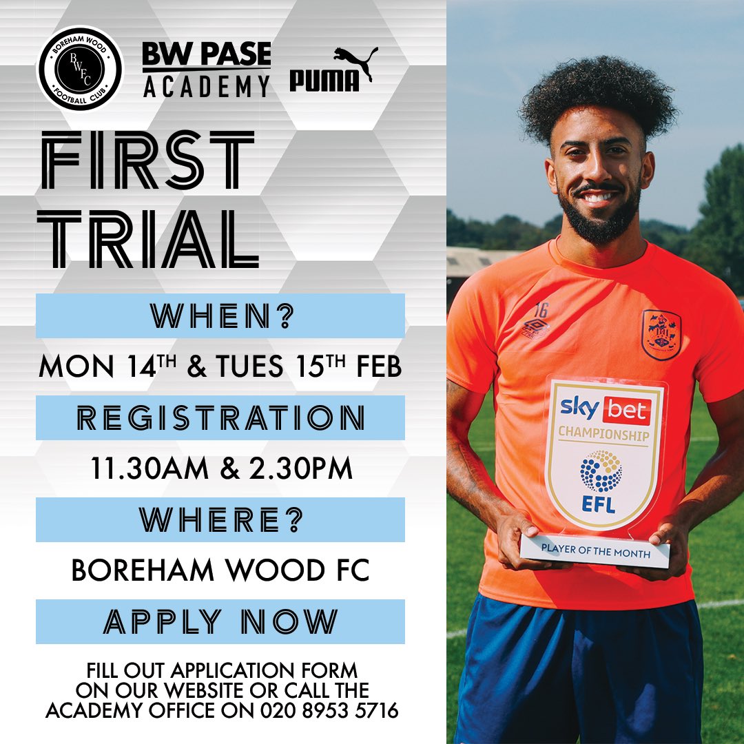 📆𝐀𝐂𝐀𝐃𝐄𝐌𝐘 𝐓𝐑𝐈𝐀𝐋 𝐃𝐀𝐓𝐄𝐒

The BW PASE Academy opens its doors next week for our first Academy trials for the 2022/23 season

𝐓𝐖𝐎 dates
𝐅𝐎𝐔𝐑 sessions
𝐘𝐎𝐔𝐑 chance to show us what you can do!

Book your trial place now👉tinyurl.com/ycka9z65

#WeAreTheWood