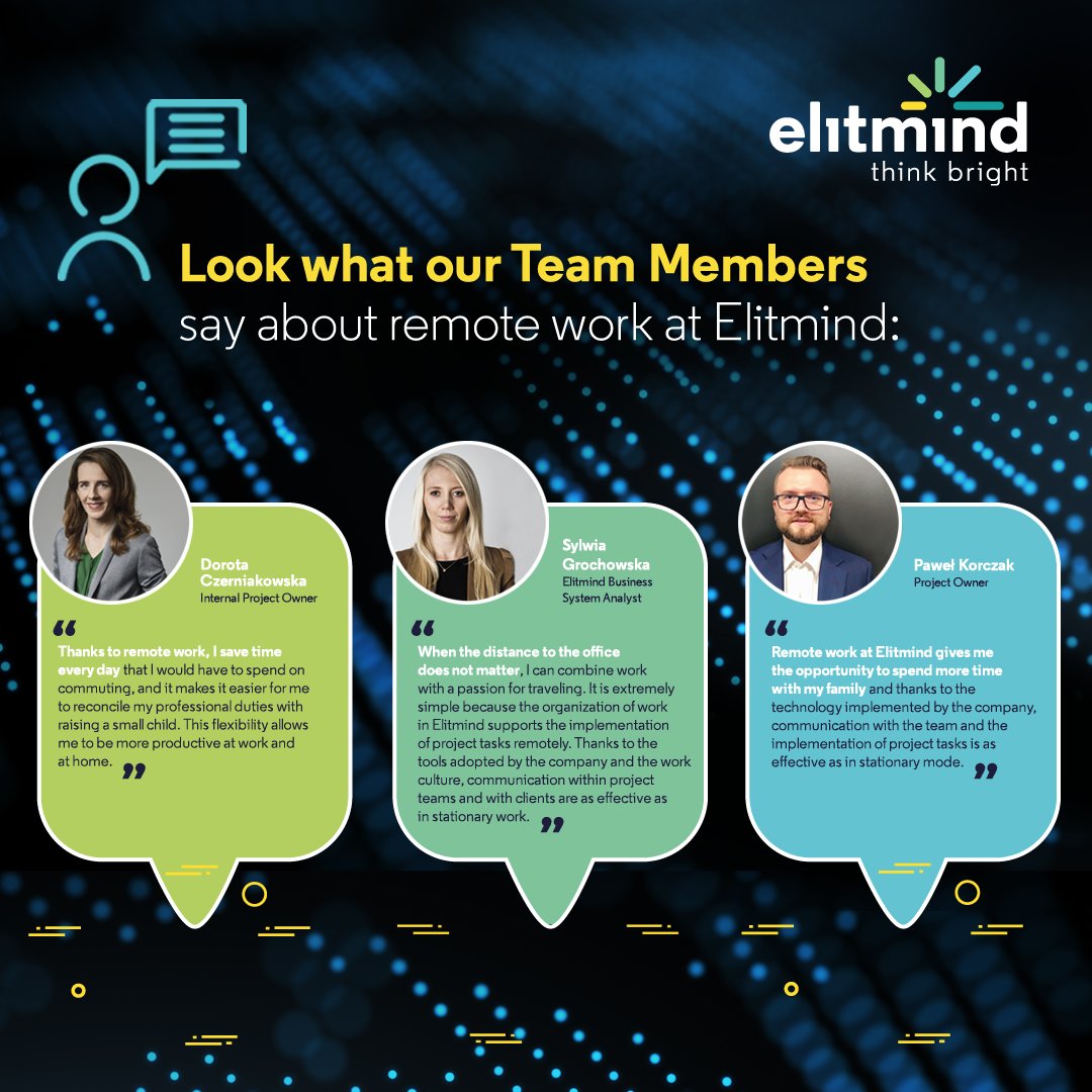 In 2021, Elitmind was all about #remotework 🧑‍💻

Our team works with us from various cities in Poland! 🌎 If you’re looking for a flexible work environment, Elitmind could be the place for you! 😎

Look what our #Team says about remote work at Elitmind👇

#Remote #GoodWorkplace
