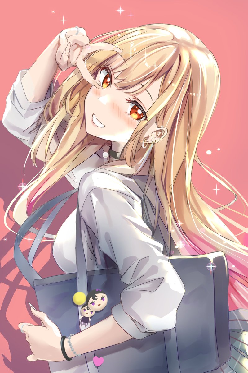 kitagawa marin 1girl blonde hair long hair school uniform solo jewelry smile  illustration images