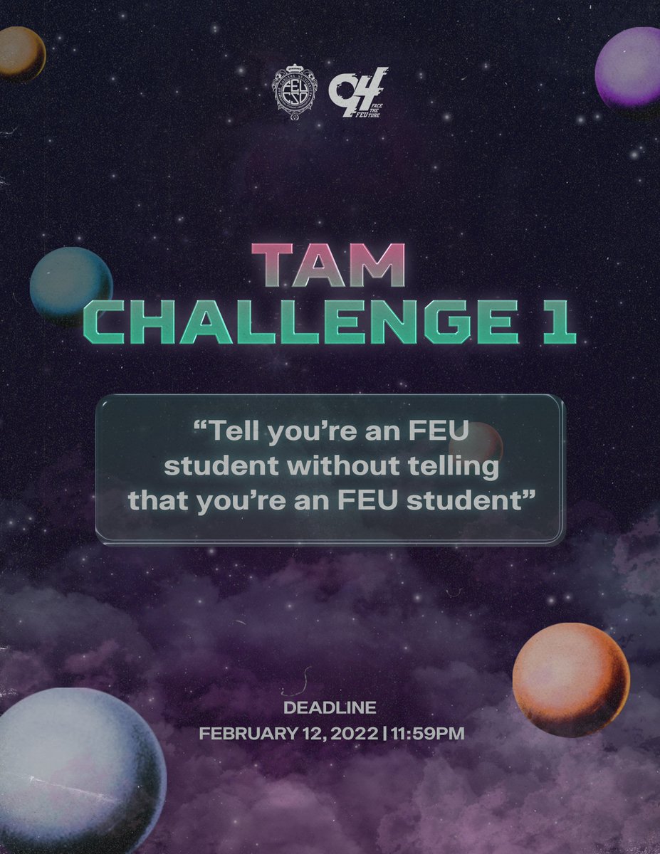 FEU_CSO's tweet photo. Tamaraws! Brave the Tam Challenges that #FEU94 has in store for you!
We canβt wait to see your wittiest entries this year!
Below are the mechanics to join.
#FEUPride
#TamarawTayo
#FEU94 https://t.co/wjpZrOIcxe