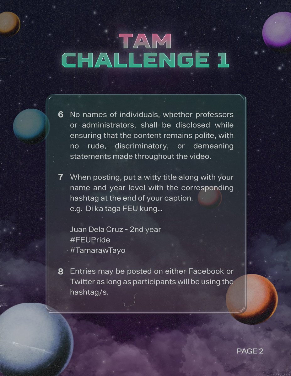 FEU_CSO's tweet photo. Tamaraws! Brave the Tam Challenges that #FEU94 has in store for you!
We canβt wait to see your wittiest entries this year!
Below are the mechanics to join.
#FEUPride
#TamarawTayo
#FEU94 https://t.co/wjpZrOIcxe