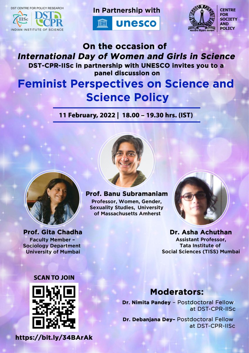 📢
We are happy to partner with @unesconewdelhi to organise a panel discussion on the occasion of the 'International Day of Women and Girls in Science'

On 'Feminist Perspective on Science and Science Policy'

📅11th Feb
⏰18:00 - 19:30

ℹ️ dstcpriisc.org/2022/01/31/fem…

#GenderinSTEM
