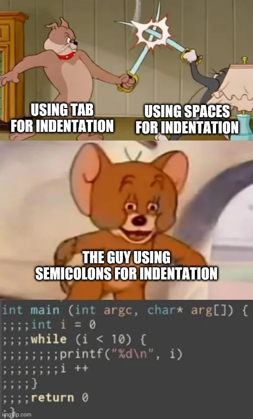 nipafx's tweet photo. I see this meme and I think this must've been made by a space-indenter.

Because to someone using an indentation character for indentation, there's not the biggest of differences between which wrong char you use for it - it's all ridiculous, just to slightly different degrees. https://t.co/HhJq5s9pl4