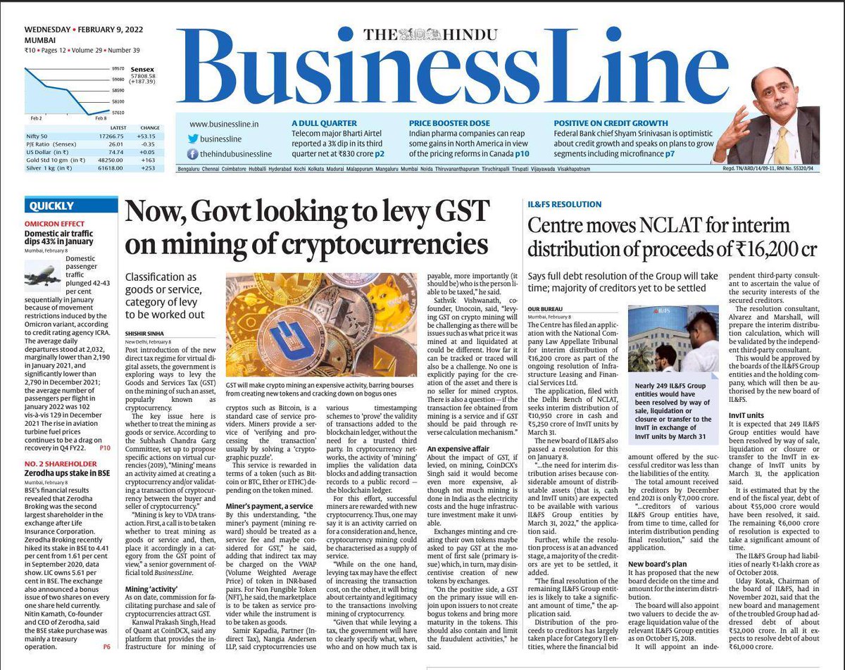 Kanwal_P_Singh's tweet photo. My views on GST implications on CryptoVerse covered in The Hindu - BusinessLine - 9th Feb 2022 
#GST #cryptocurrency #cryptoIndia #NFT #CryptoTax 
Link To Article : 
https://t.co/totn3QzoqQ https://t.co/H7cyASFcBp
