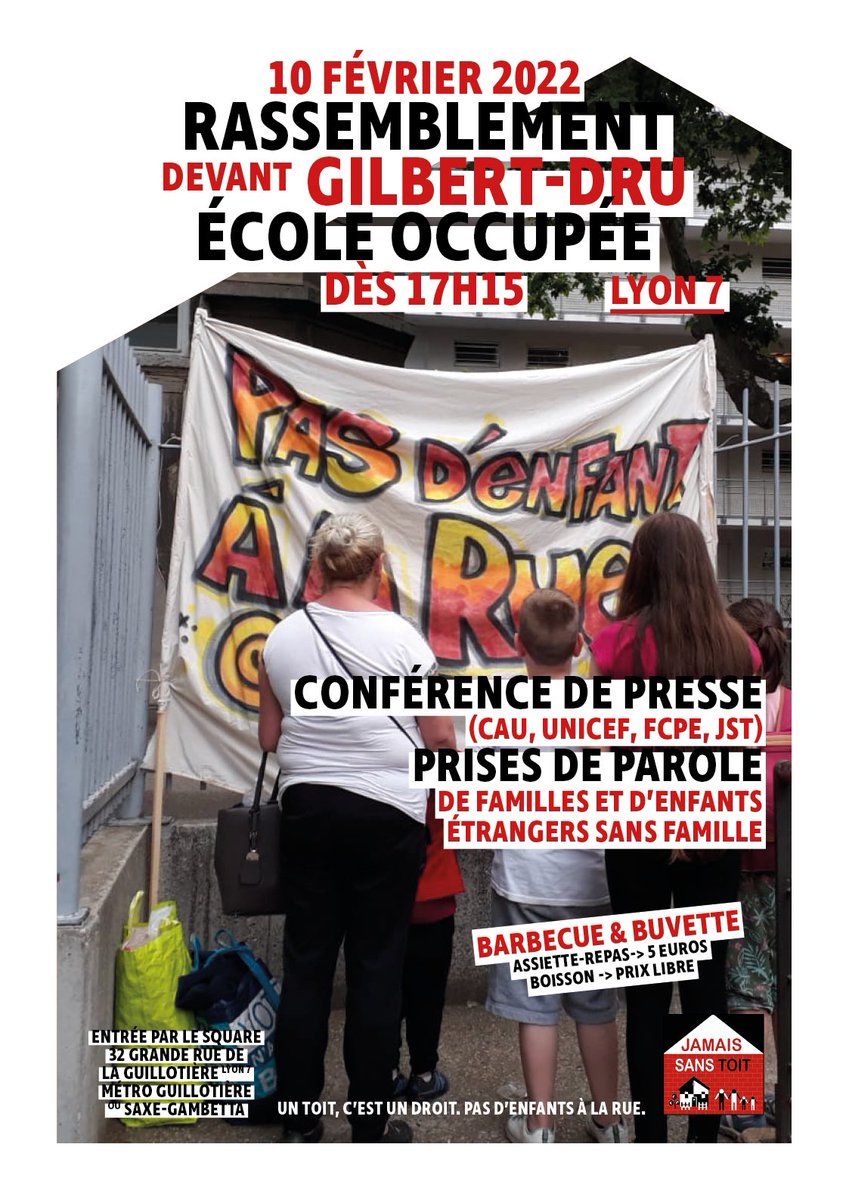 jamaissanstoit's tweet photo. 📰 Conférence de presse nationale du @CollAssoUnies à l'occasion de la 101e occupation d'école par @jamaissanstoit 

▶️ Jeudi 10 février à 17h15 devant l’école Gilbert Dru #Lyon 7e

Après 5 semaines d’occupation cet automne, l’école Dru sert de refuge à 2 enfants depuis lundi 7/2 https://t.co/2SumOuFpee