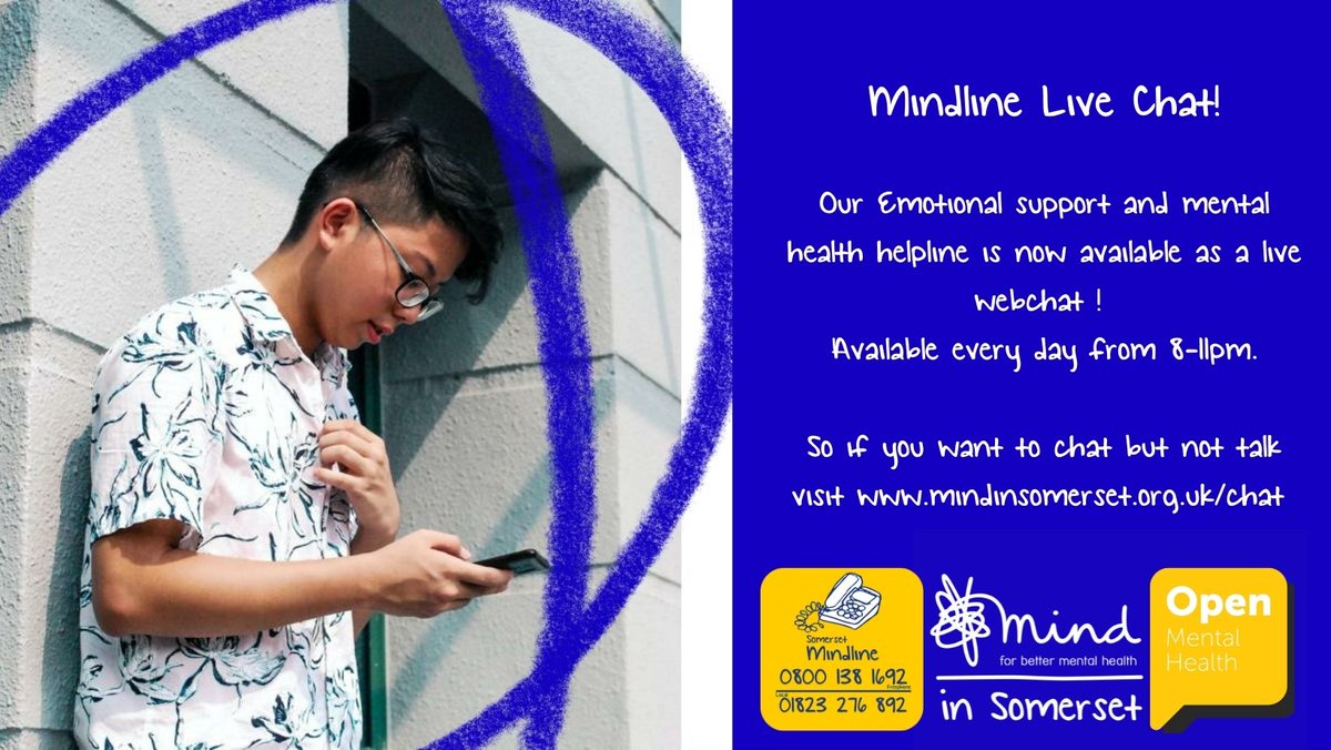 Our Emotional support and mental health helpline is now available as a live webchat !

Available every day from 8-11pm.

So if you want to chat, but not talk visit mindinsomerset.org.uk/chat/
